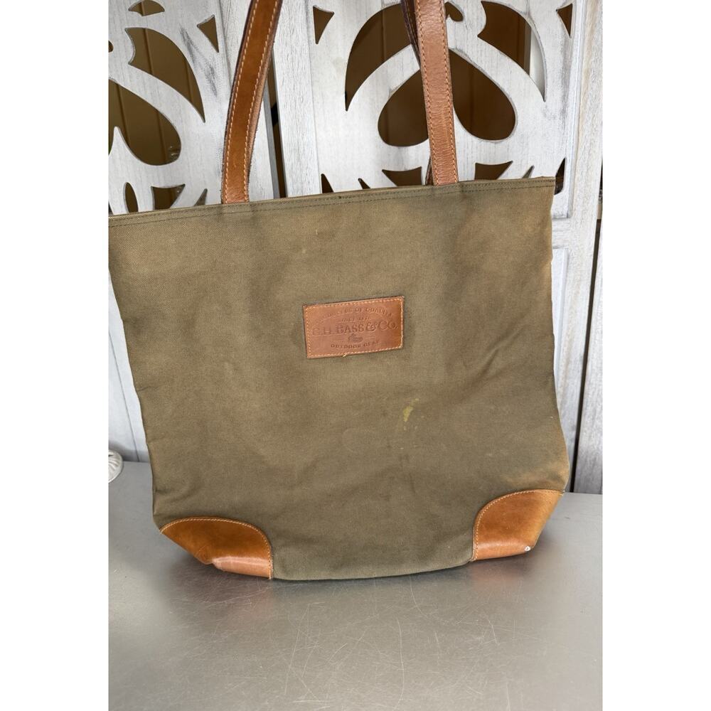 Vintage GH BASS Canvas Tote Bag Leather Corners Handles Army Green Distressed XL